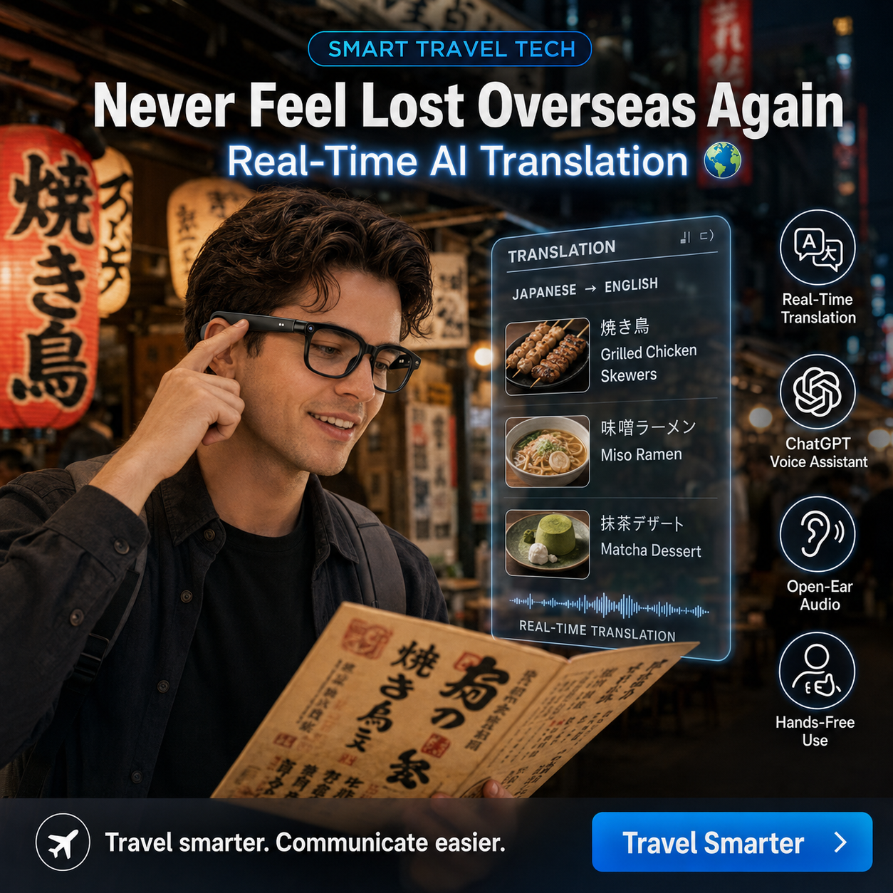 AI Smart Glasses with Camera, 8MP Camera Glasses, 4K Video Recording