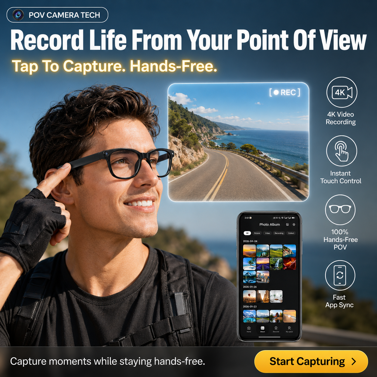 AI Smart Glasses with Camera, 8MP Camera Glasses, 4K Video Recording
