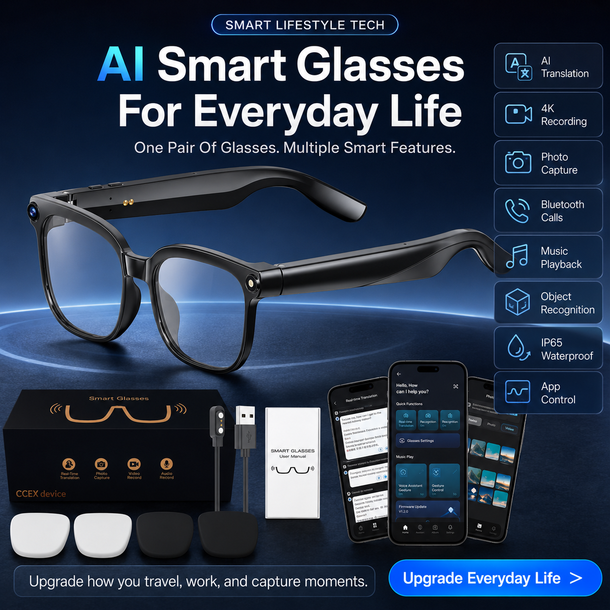 AI Smart Glasses with Camera, 8MP Camera Glasses, 4K Video Recording
