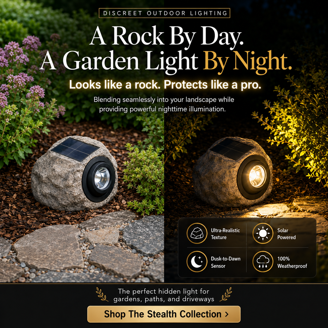 The Lumiere Solar-Powered Rock Light for Garden Pathway, Walkway, Yard