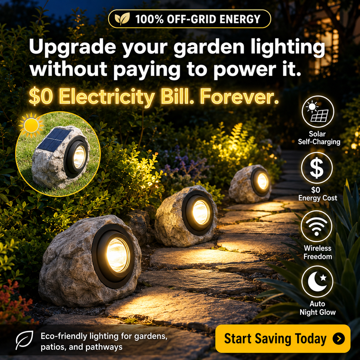 The Lumiere Solar-Powered Rock Light for Garden Pathway, Walkway, Yard