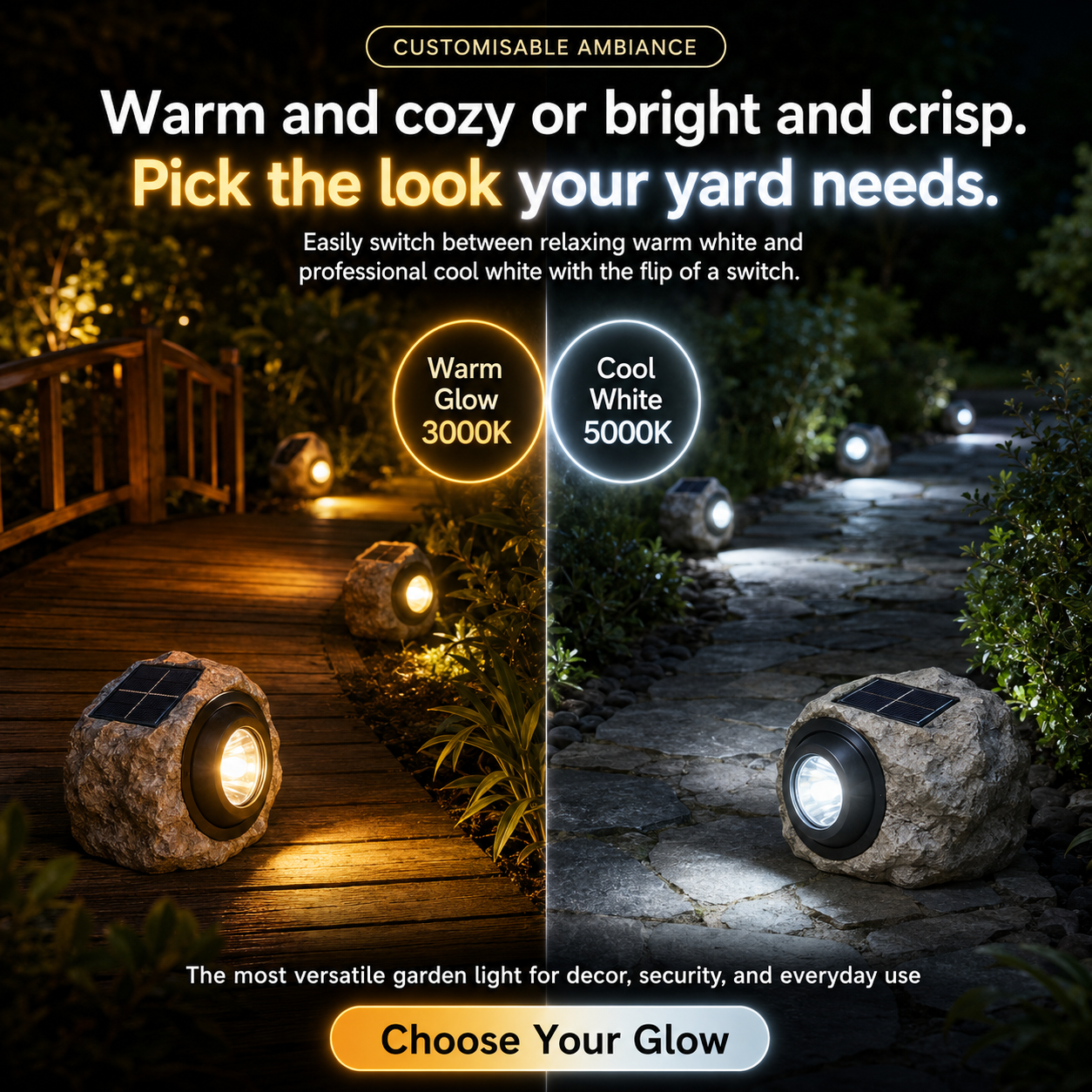 The Lumiere Solar-Powered Rock Light for Garden Pathway, Walkway, Yard