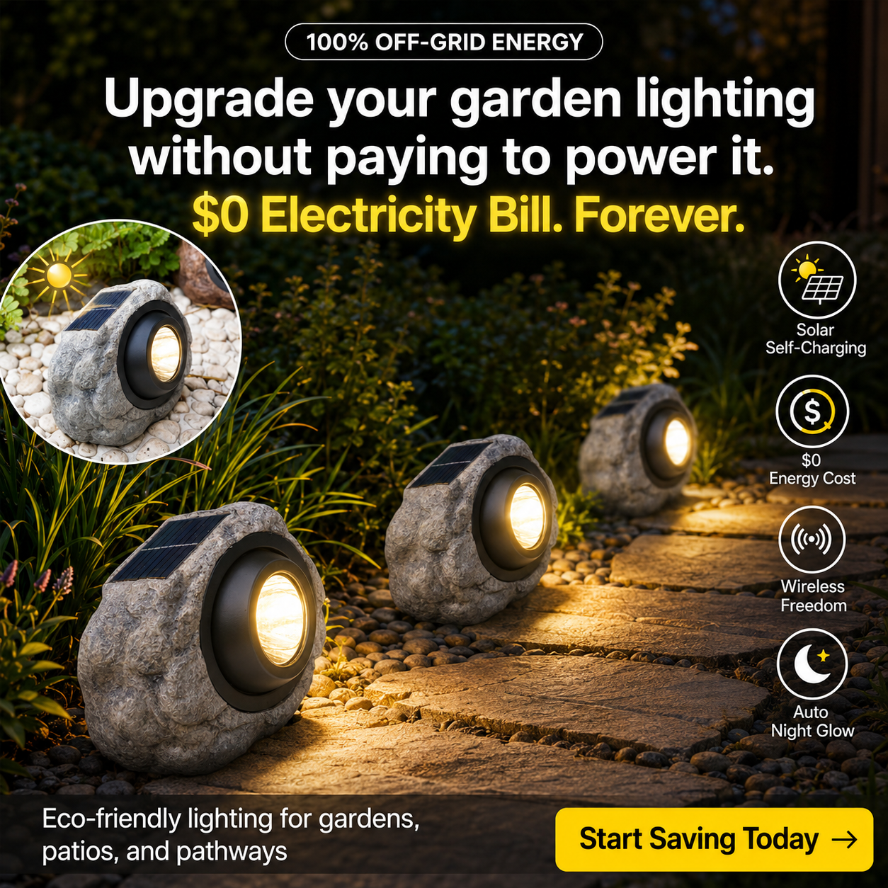 The Lumiere Solar-Powered Rock Light for Garden Pathway, Walkway, Yard